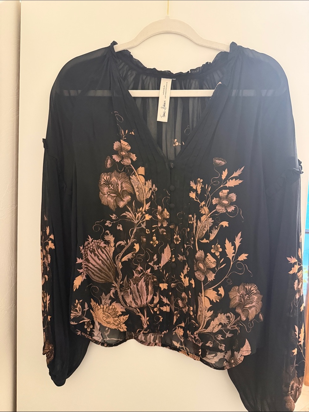 Anthropologie Floral Peasant Blouse - Black with Gold Floral Print